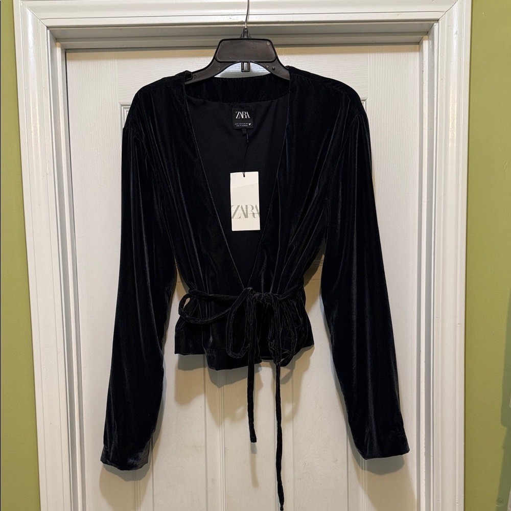 Zara NWT Dark Charcoal Velvet Wrap Jacket Tie Waist Cropped Evening Jacket S